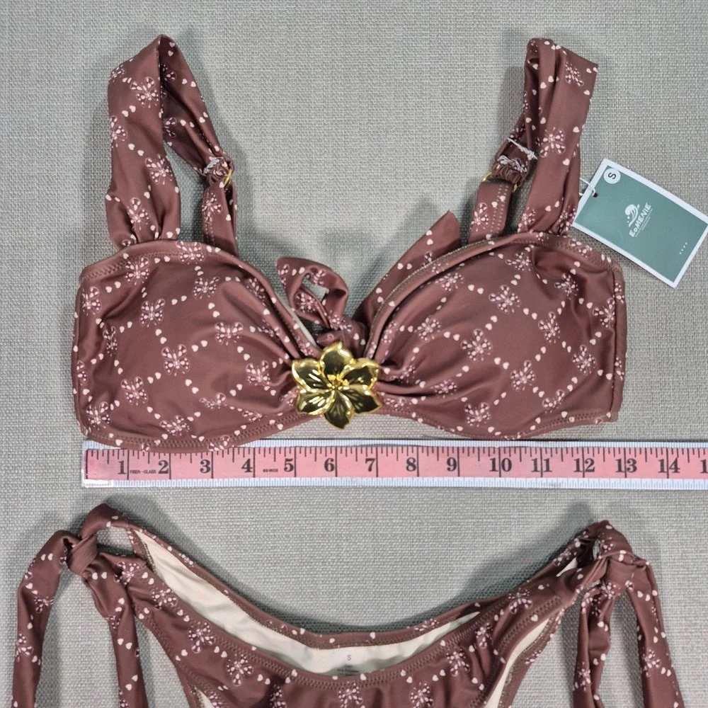 Eomenie Brown Butterfly Print High Waisted Bikini Set Gold Flower Small NWT